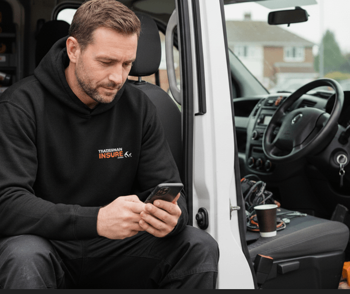 Tradesman in a TradesmanInsure hoodie sitting in his van checking his phone
