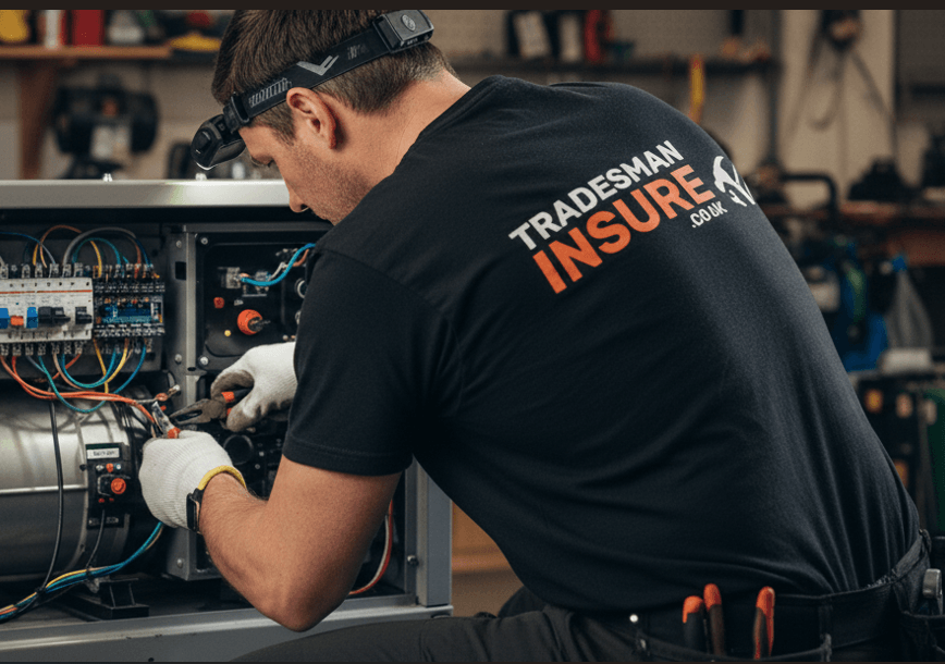 Electrician in a TradesmanInsure t-shirt wiring a control panel