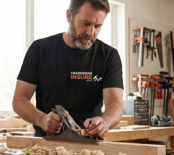 Carpenter in a TradesmanInsure t-shirt planing a length of timber in a workshop